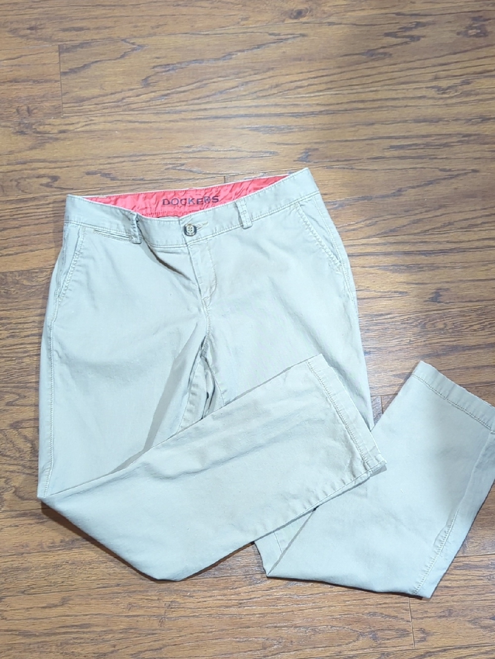 Dockers Women’s Chino Pants in Khaki with Coral Waistband